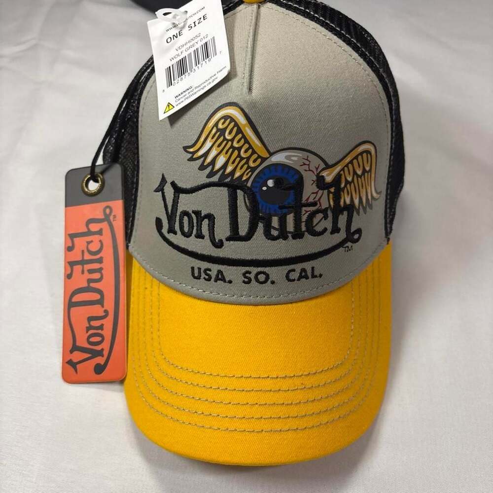 Von Dutch Eye Logo Trucker Hat Cap Yellow Grey